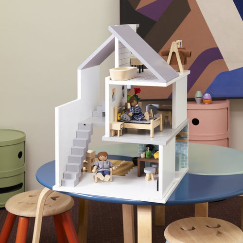 Blue Ribbon Scandi Doll House including furniture and doll family